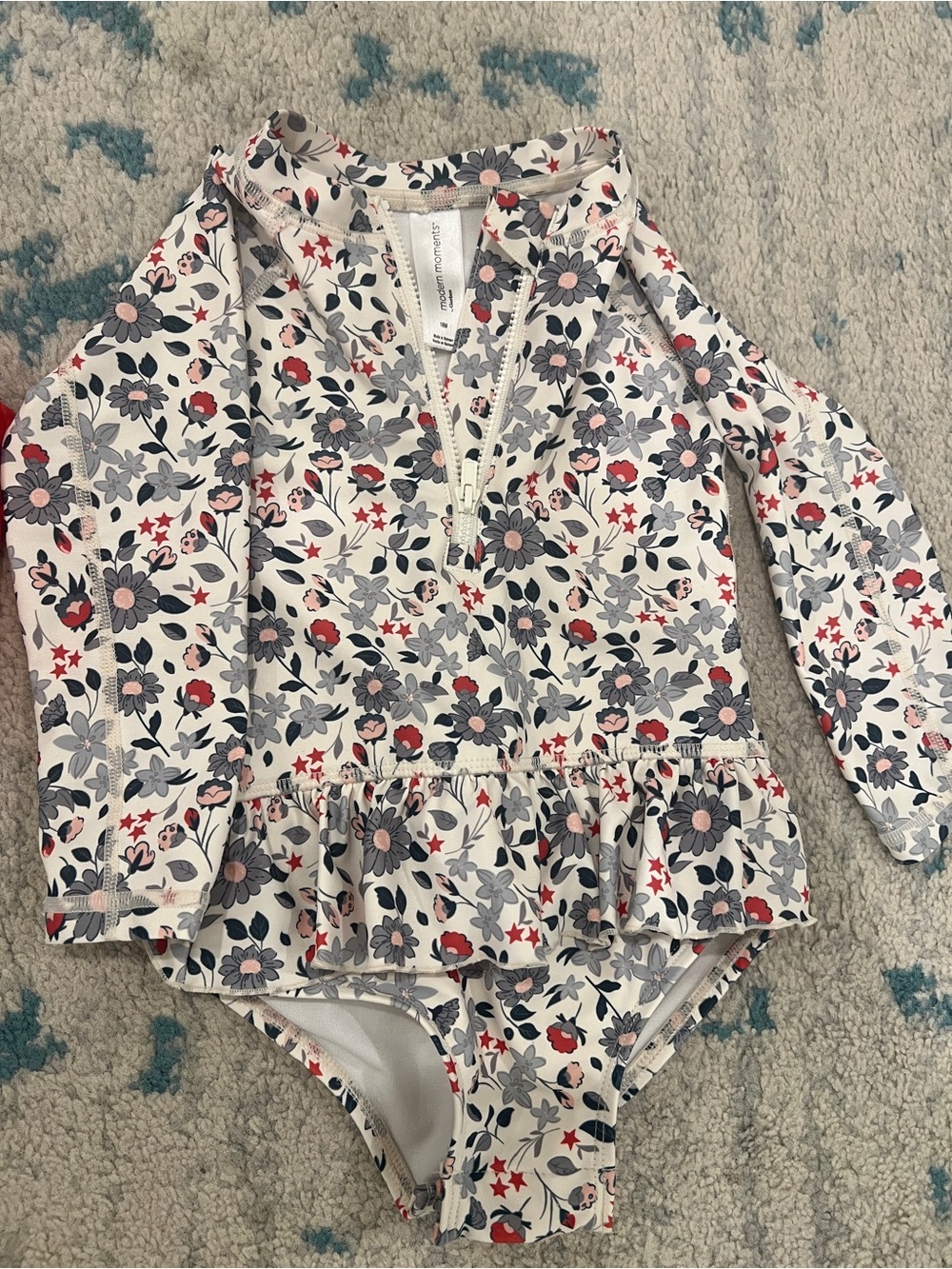 Girls' Floral Long-Sleeve One-Piece Swimsuit - White with Red & Gray Flowers